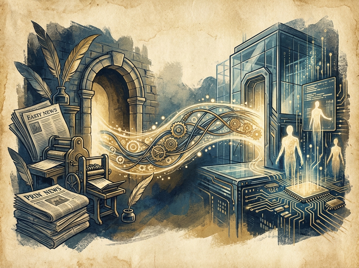 A symbolic illustration showing the bridge between traditional journalism and futuristic AI technology. Artistic rendering, textured background, professional blue and gold tones, 4:3 aspect ratio, no text.