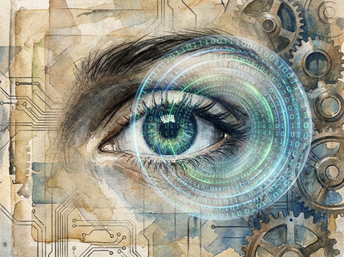 An artistic rendering of a human eye looking through a digital lens made of binary code, representing the watch over technology ethics, textured background, 4:3 aspect ratio, no visible text