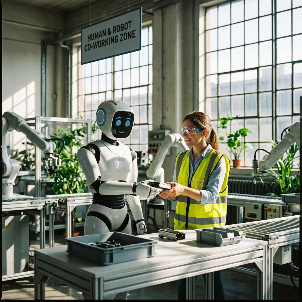 A friendly humanoid robot working alongside a human worker in a bright, modern smart factory environment, natural lighting, high contrast, 1:1