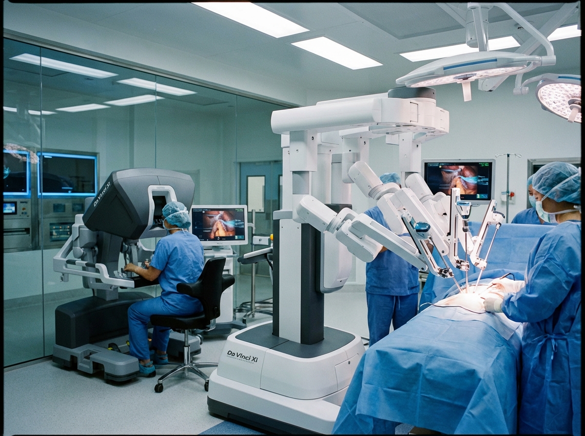 A high-tech robotic surgery arm assisting a human surgeon in a clean and advanced medical laboratory, professional atmosphere, 4:3