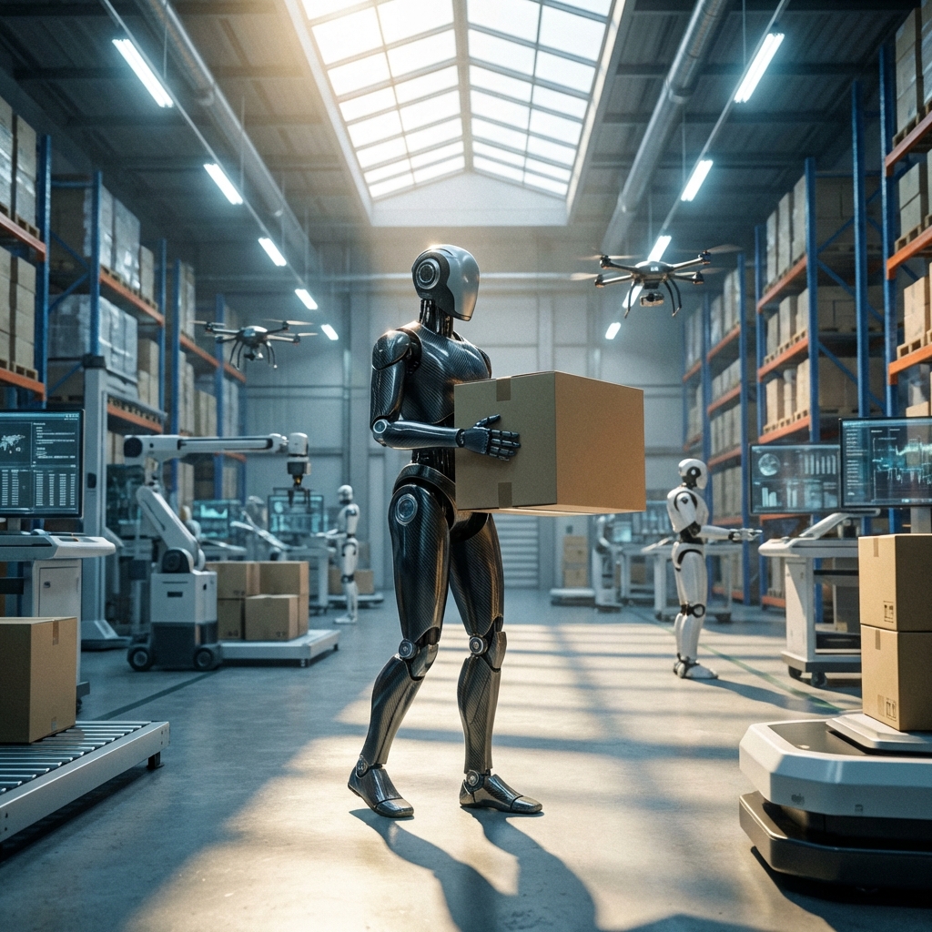 A next-generation humanoid robot efficiently moving boxes in a high-tech logistics warehouse, cinematic lighting, detailed background, 1:1