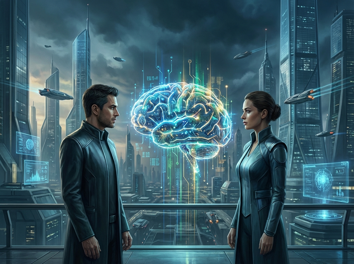 Illustration of two tech leaders facing each other with digital AI brain elements between them, futuristic background, cinematic lighting, 4:3 aspect ratio, no text