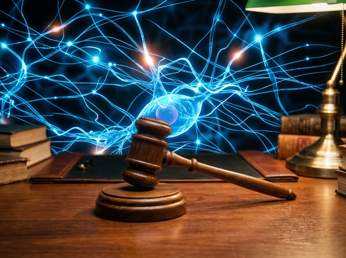 A wooden gavel on a desk with glowing blue digital neural network lines in the background, professional lighting, 4:3 aspect ratio, no text