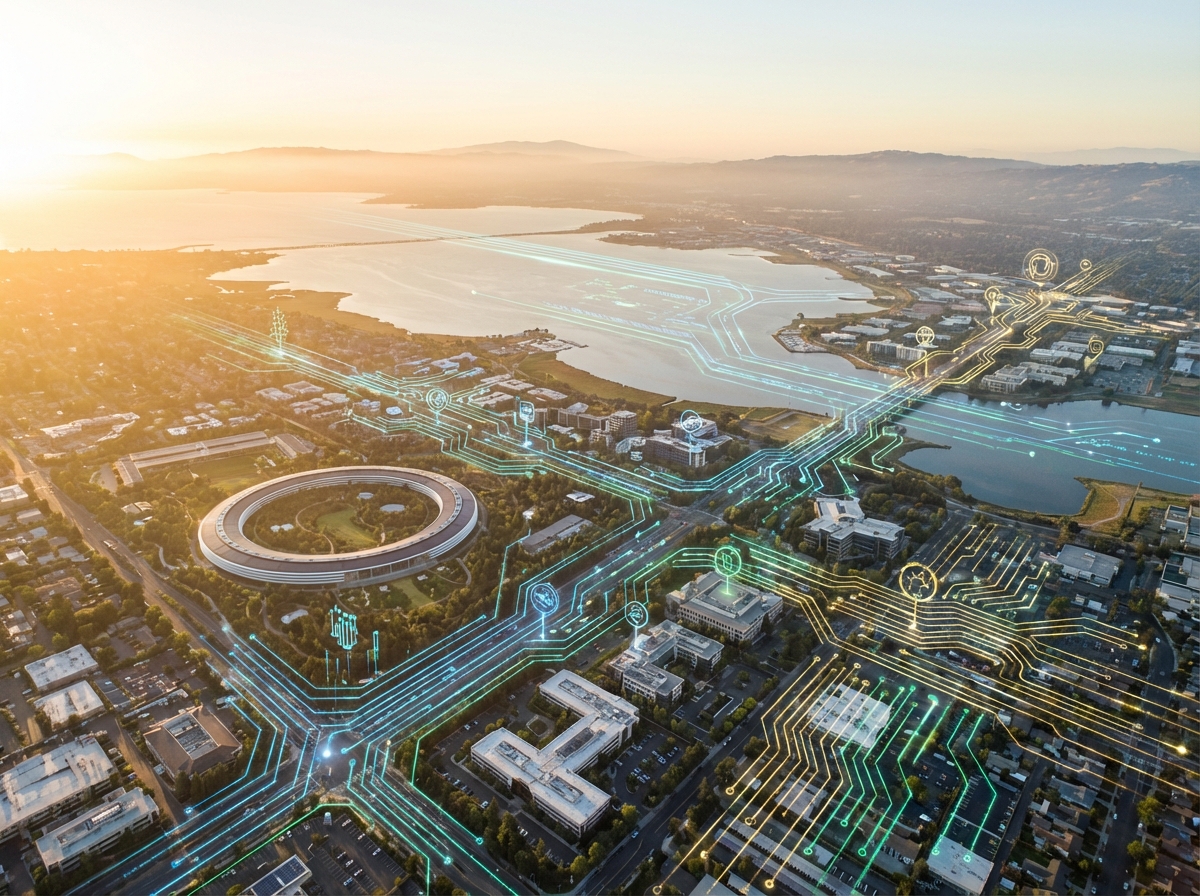 Aerial view of Silicon Valley with digital overlays representing innovation and data flow, sunrise lighting, 4:3 aspect ratio, no text