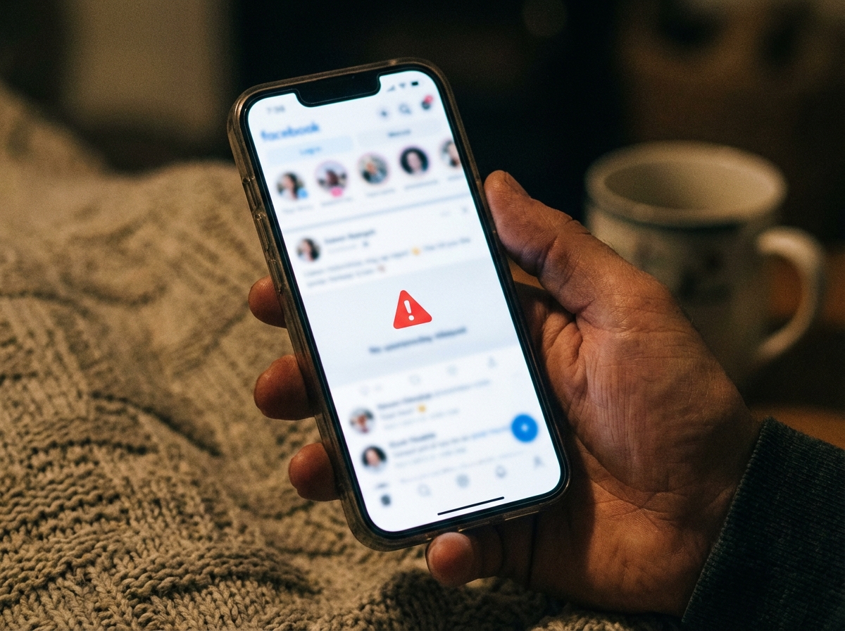 Close-up of a hand holding a modern smartphone in a dimly lit room, the screen shows a social media interface with various blurred profile pictures and a red warning icon, realistic lifestyle photography, 4:3 aspect ratio, no text.
