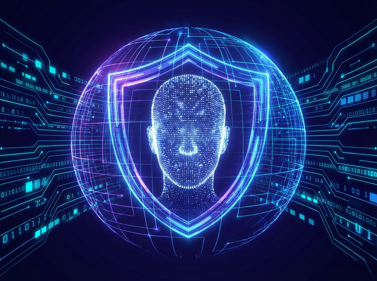 A glowing digital shield protecting a stylized human head silhouette made of light points, dark blue background with data streams, high-tech security concept, 4:3 aspect ratio, no text.
