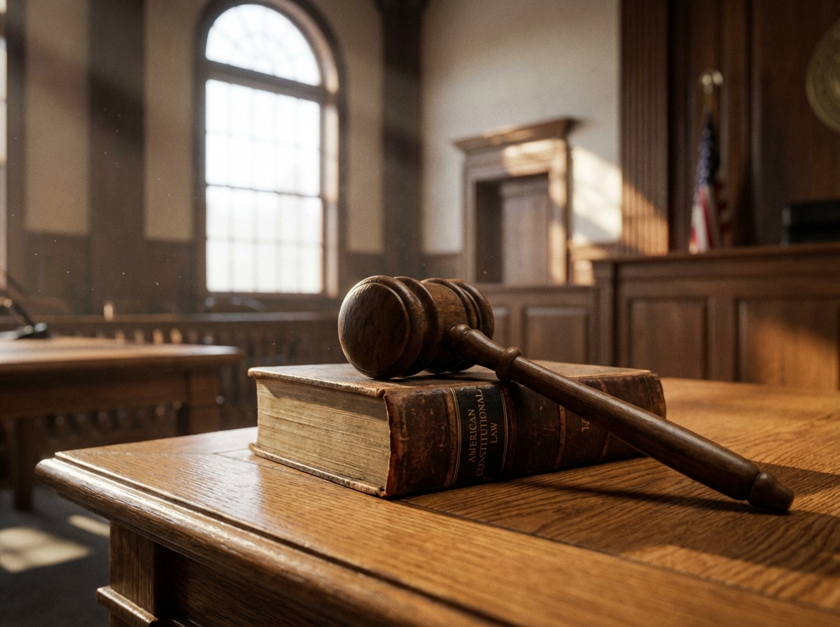 A wooden gavel resting on a legal book on a polished wooden desk, sun streaming through a window in a traditional courtroom setting, cinematic lighting, shallow depth of field, 4:3 aspect ratio, no text.