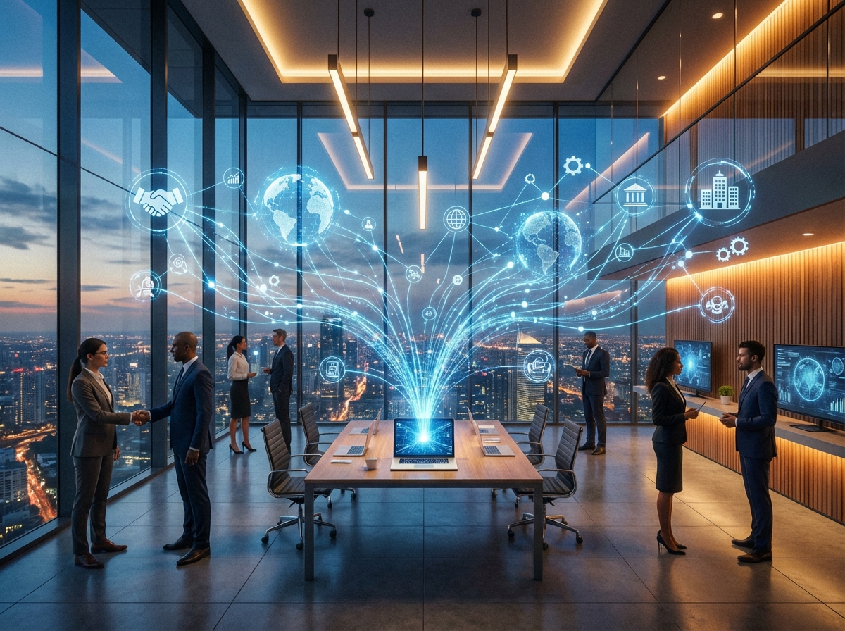 A wide angle view of a futuristic glass office with glowing blue data streams connecting a laptop to a global network. Representative of high-tech investments and corporate partnerships. Warm interior lighting with a high-tech feel, 4:3 aspect ratio, no visible text.