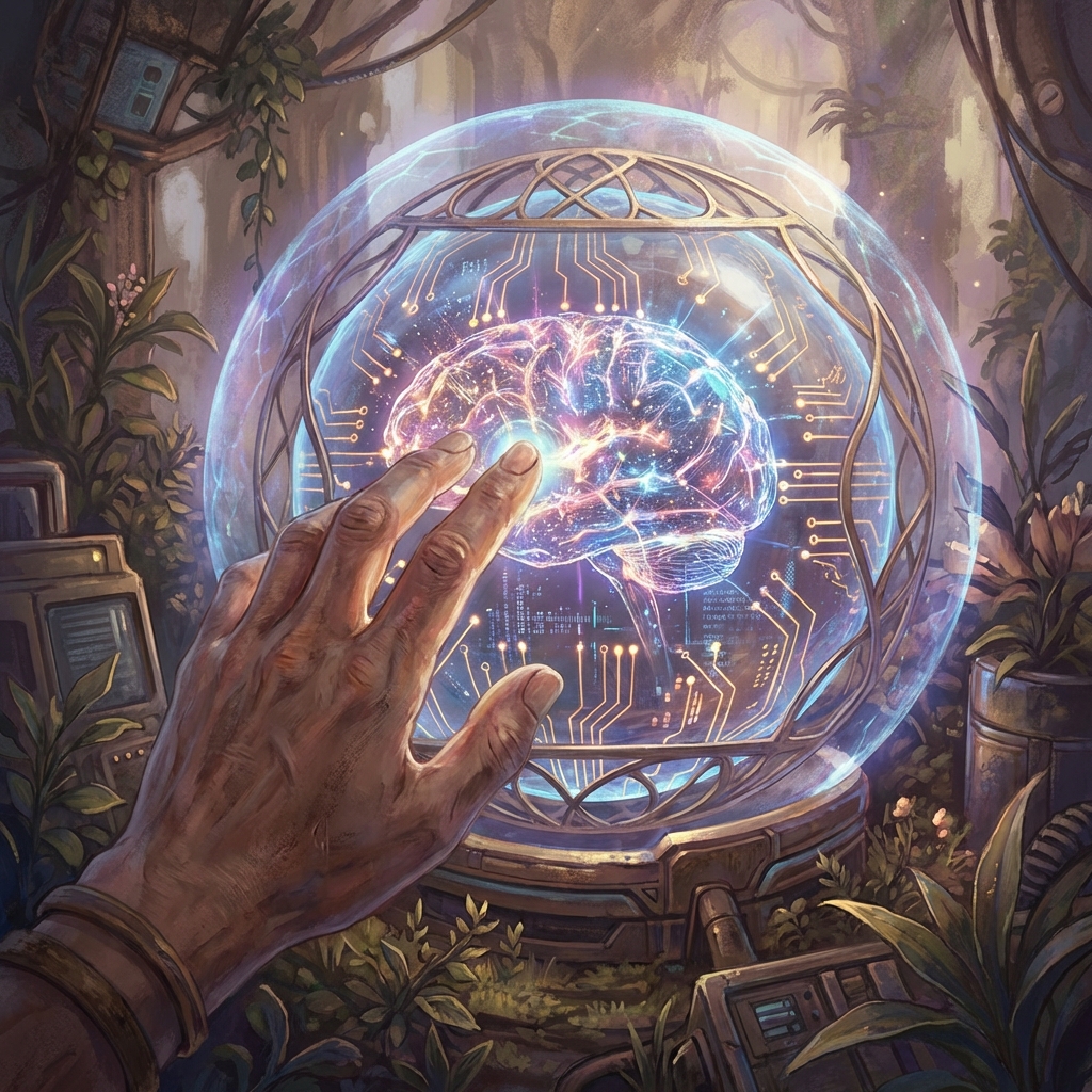 A detailed digital composition showing a human hand reaching out to a glowing AI neural network encased in a protective glass sphere. Represents AI safety and ethical boundaries. Soft lighting, intricate details, artistic rendering, 1:1 aspect ratio, no visible text.