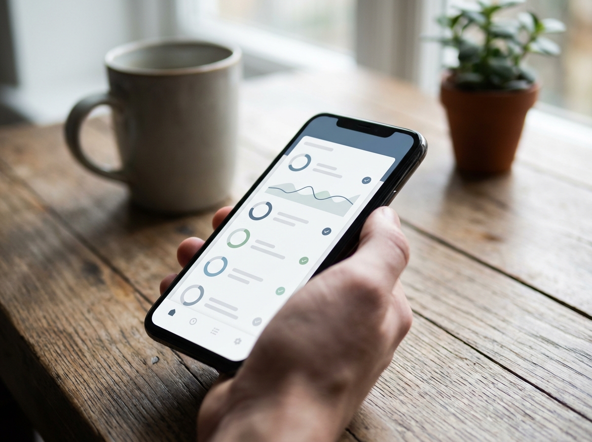 Close up shot of a smartphone screen showing a clean and minimal custom-built mobile app UI for tracking daily habits or health, wooden table background, natural lighting, realistic lifestyle photography, aspect ratio 4:3, no visible text