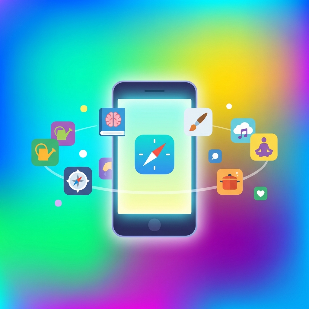 A creative conceptual illustration of various colorful and simple app icons floating around a central glowing smartphone, representing niche personal tools, modern flat design style, vibrant gradient background, aspect ratio 1:1, no visible text