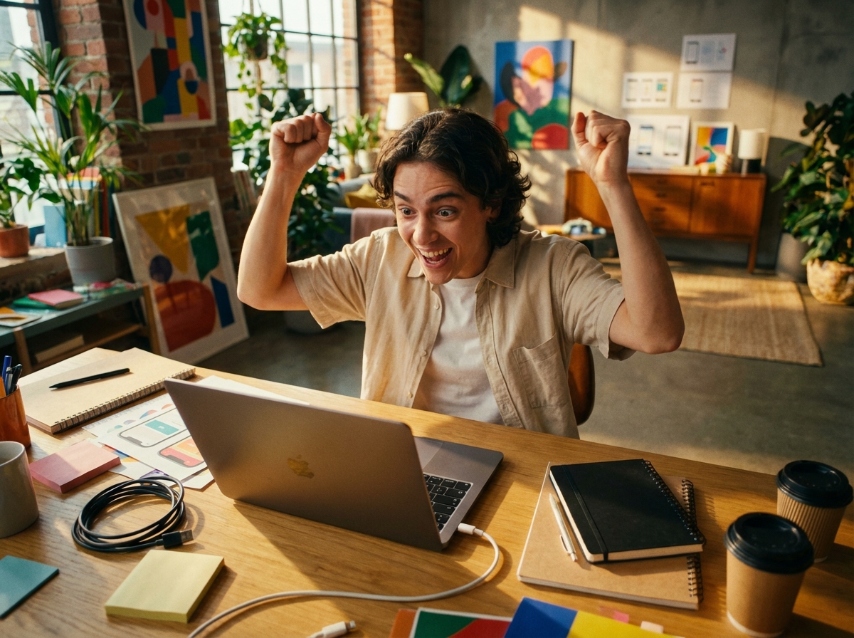 A high-angle shot of a young adult looking excited while testing their newly created web app on a laptop screen, vibrant and energetic atmosphere, modern interior design, cinematic lighting, aspect ratio 4:3, no visible text