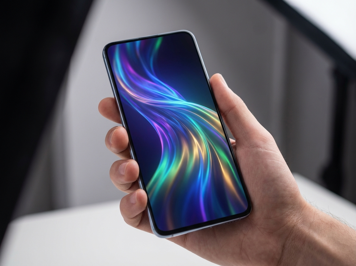 A sleek modern smartphone held in a hand, the screen displays a vibrant and colorful glowing AI wave animation representing Siri, professional studio lighting, depth of field, 4:3, no visible text