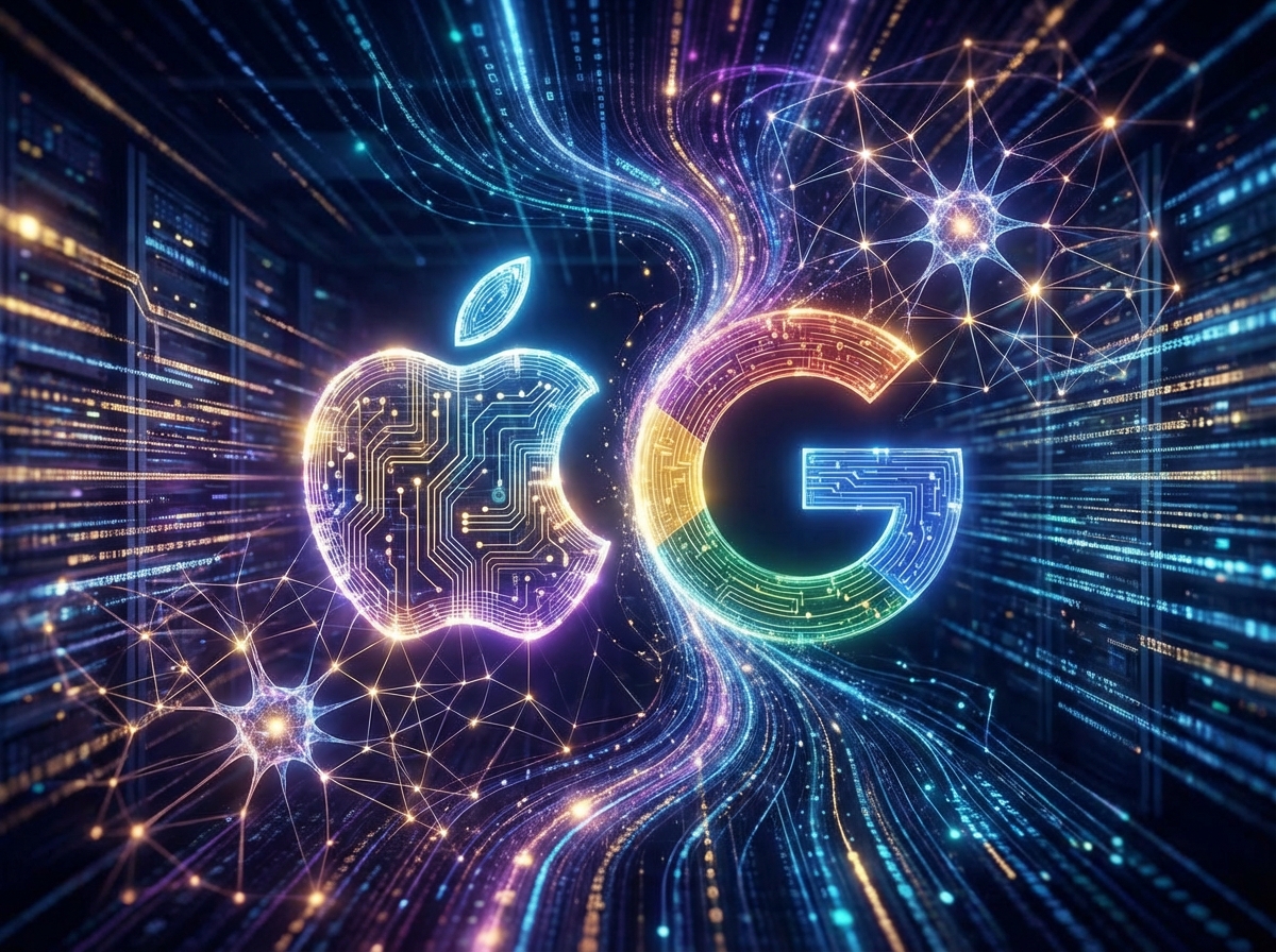 Conceptual illustration of Apple and Google logos merging in a swirl of digital data and glowing neural networks, high contrast, cinematic lighting, futuristic atmosphere, 4:3, no visible text