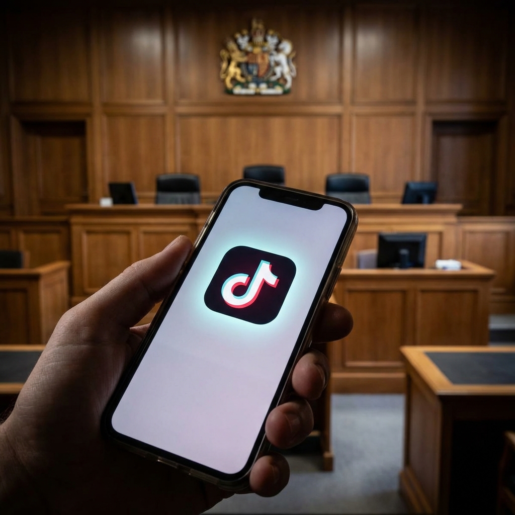 A high-quality image showing the TikTok logo on a modern smartphone screen held by a hand, in the background a blurred British employment tribunal building or a courtroom setting, dramatic lighting, professional atmosphere, 1:1 aspect ratio, no text.