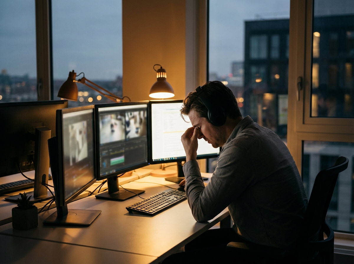 A side view of a focused person sitting in a dimly lit modern office, looking at multiple computer monitors with blurred video feeds, realistic lifestyle photography, cinematic warm lighting, showing stress and concentration, 4:3 aspect ratio, no text.