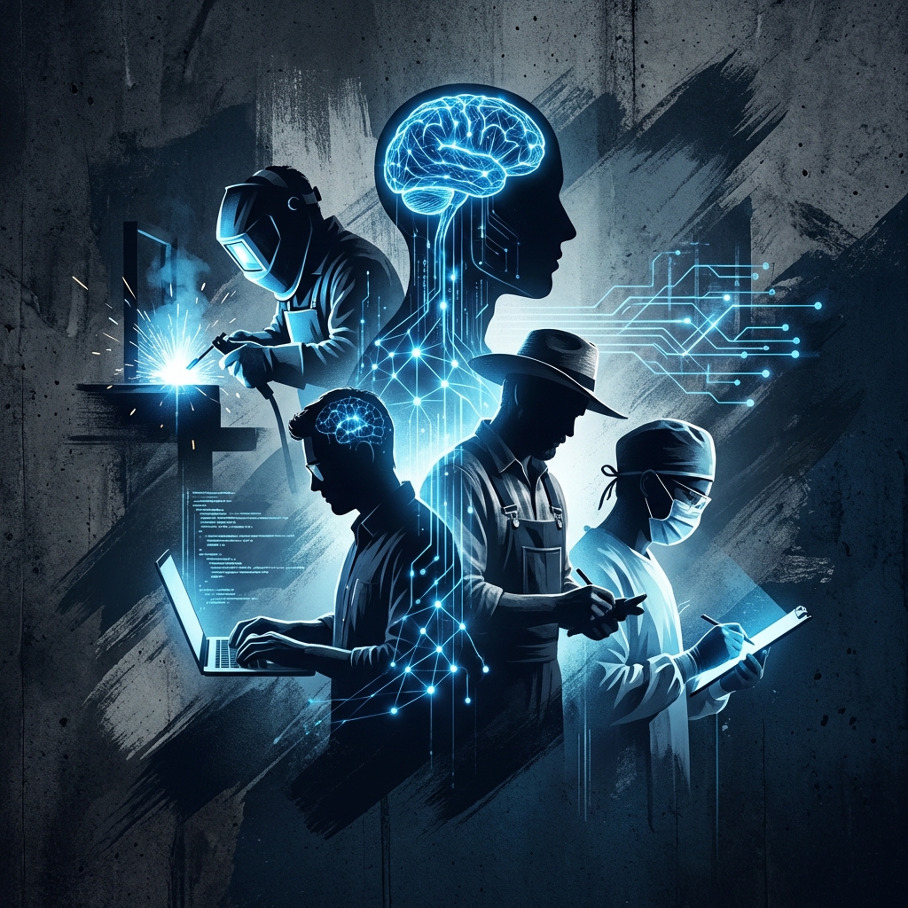An artistic illustration representing the intersection of artificial intelligence and human labor, glowing blue digital neural networks overlapping with human silhouettes, high contrast, textured background, modern and clean style, 1:1 aspect ratio, no text.