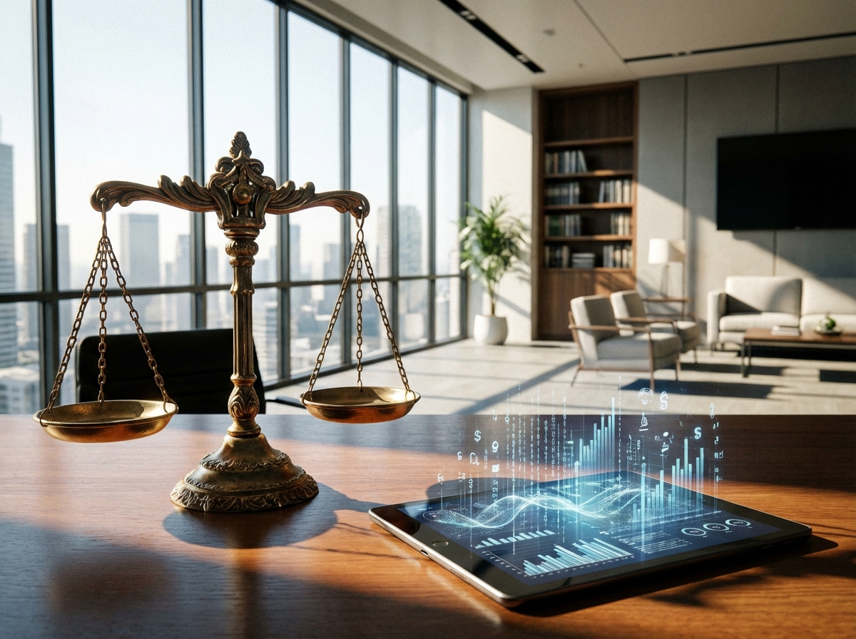 A detailed composition of a traditional scale of justice standing next to a tablet showing data streams, set in a bright modern legal office, 4:3 aspect ratio, high contrast, visually rich, no text.