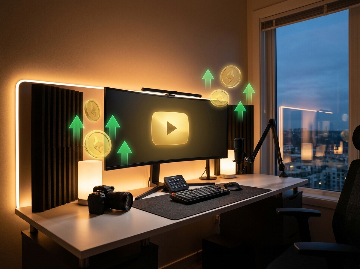 A professional YouTube creator studio setup with a glowing YouTube logo on a monitor and digital gold coins and green upward arrows floating around, modern workspace, cinematic lighting, 4:3 aspect ratio, no text