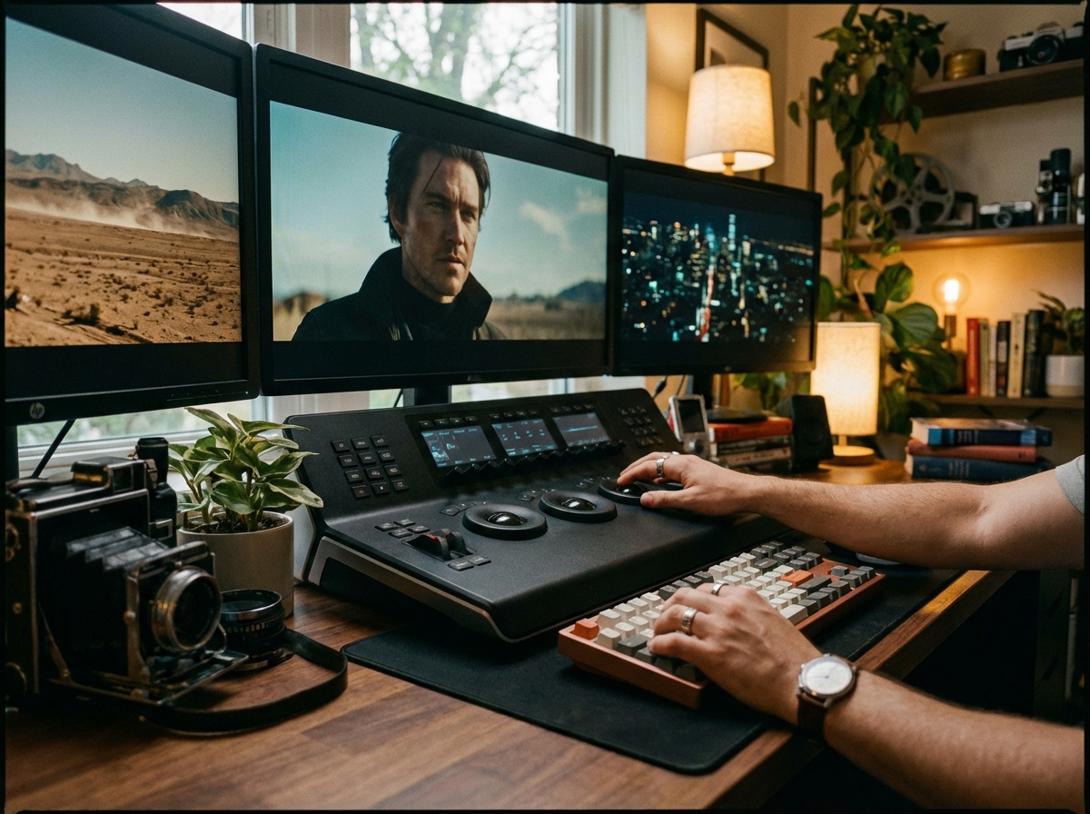 Close up of a creator's hands using a professional video editing console and a high-end keyboard, multiple monitors displaying cinematic film scenes, cozy creative studio atmosphere, 4:3 aspect ratio, no text