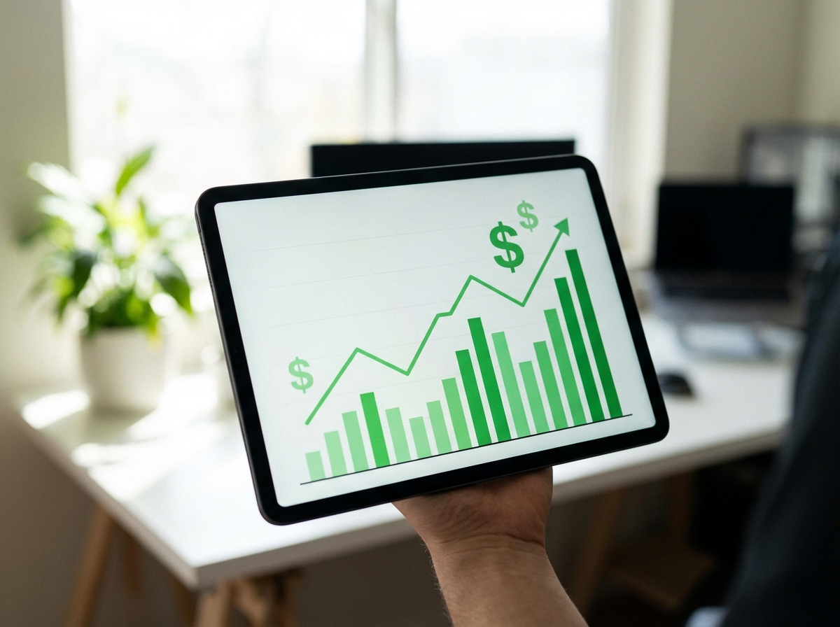 A sleek modern tablet displaying a clean financial dashboard with green growth charts and dollar signs, soft bokeh background of a home office, bright and professional lighting, 4:3 aspect ratio, no text