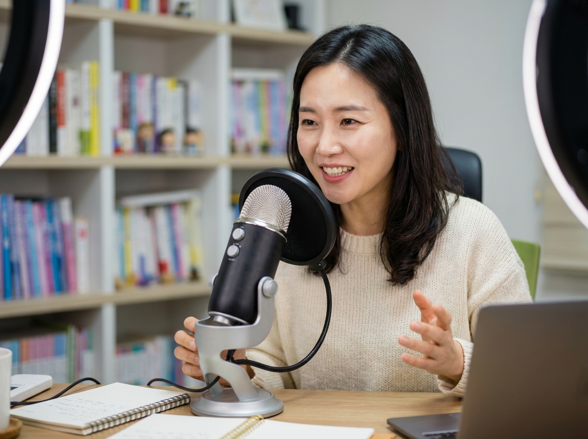 A friendly looking Korean female creator talking happily into a professional microphone on a desk, soft ring light reflection in her eyes, colorful and blurred bookshelf background, 4:3 aspect ratio, no text