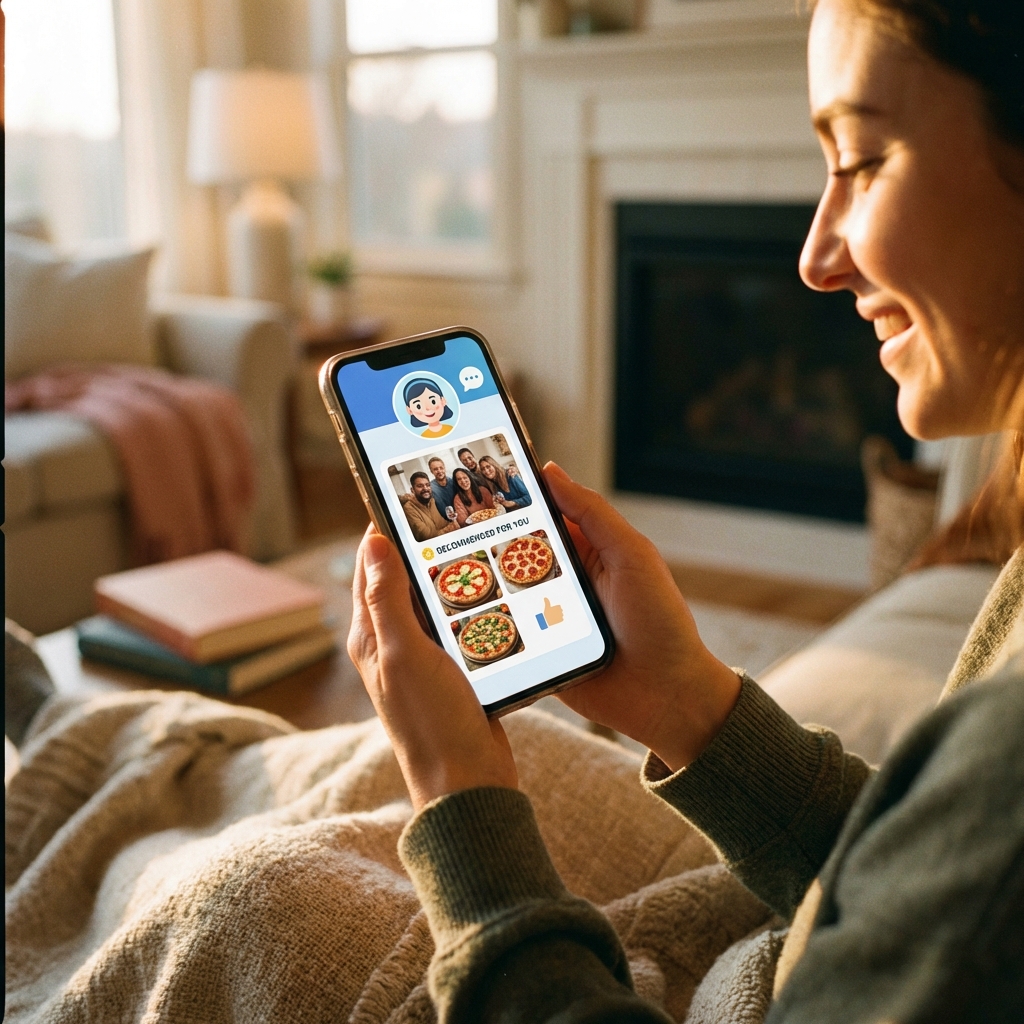A person holding a smartphone showing a friendly AI chatbot interface recommending pizza options based on a group photo. Warm lifestyle lighting, cozy home setting, 1:1 aspect ratio, no text.