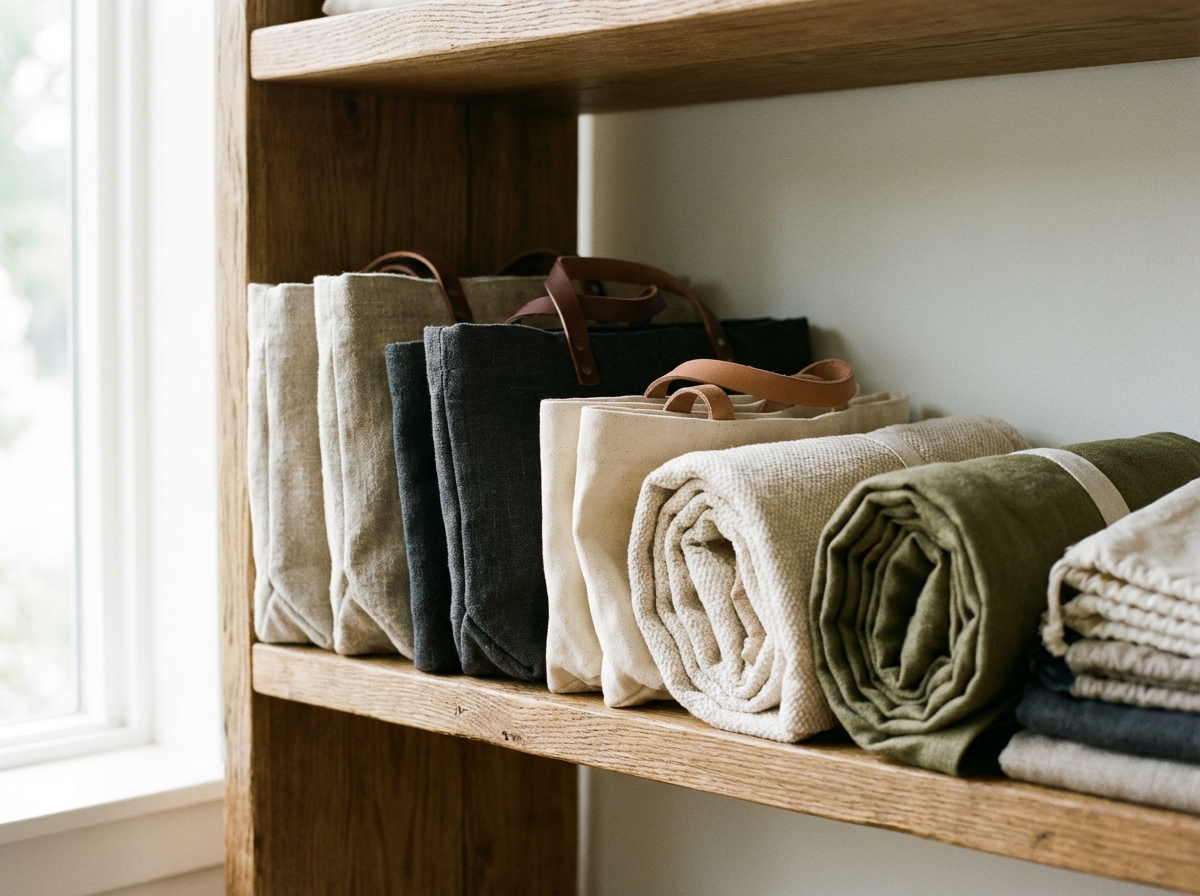 High-quality reusable shopping bags and fabric dust bags arranged neatly on a wooden shelf. Luxurious and tactile feel, soft natural light, minimalist aesthetic, 4:3 aspect ratio, no text.