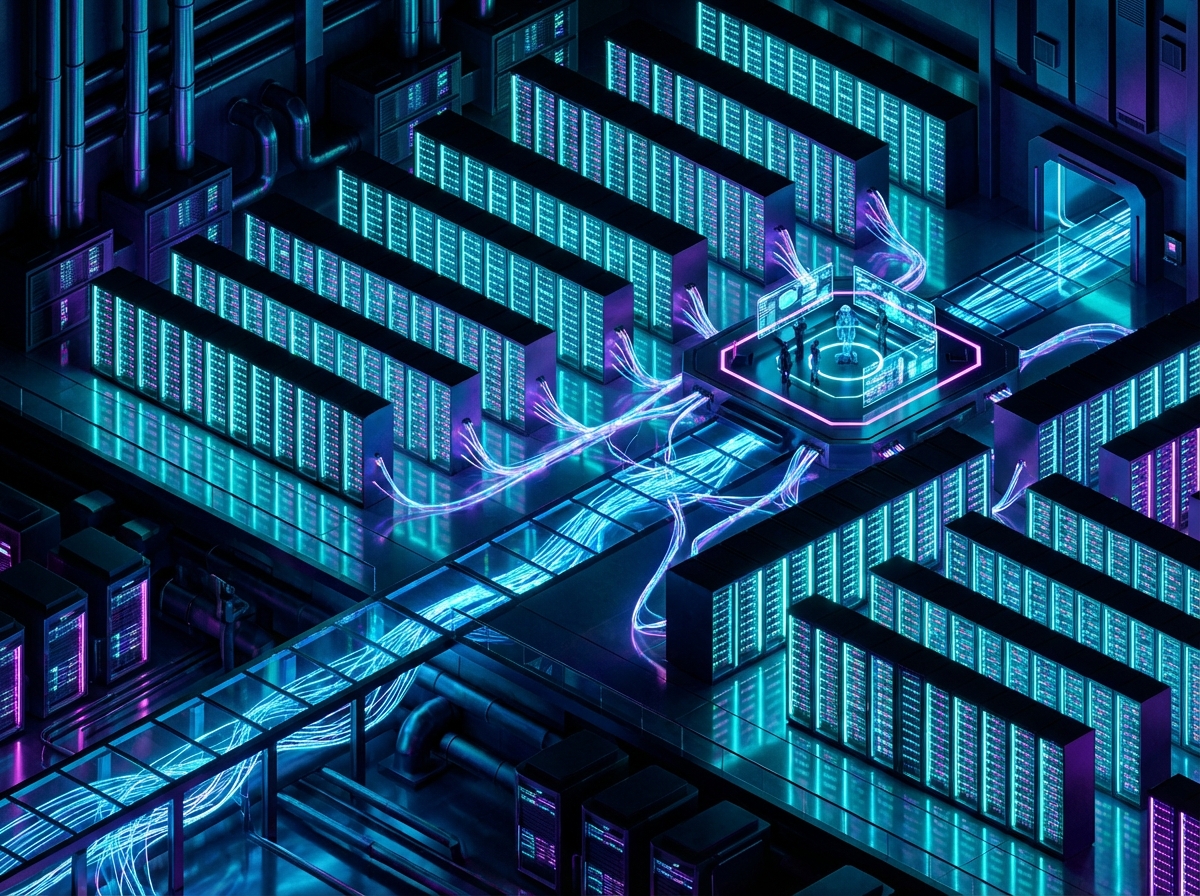 A vast, modern data center with glowing server racks, isometric perspective, high contrast, vibrant cyan and purple lighting, 4:3, no text