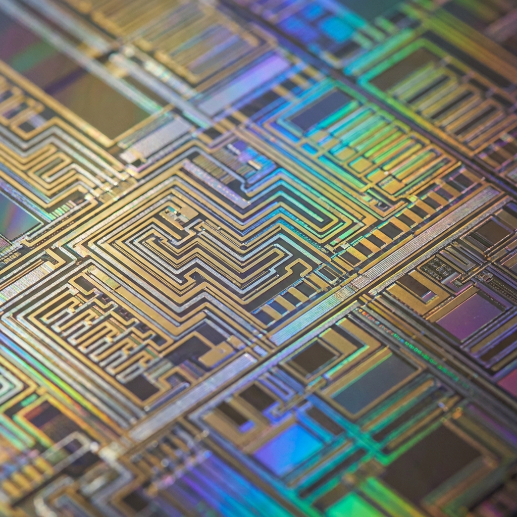 Extreme close-up of a silicon wafer with intricate circuit patterns, iridescent reflection of light, golden and silver hues, macro photography, 1:1, no text