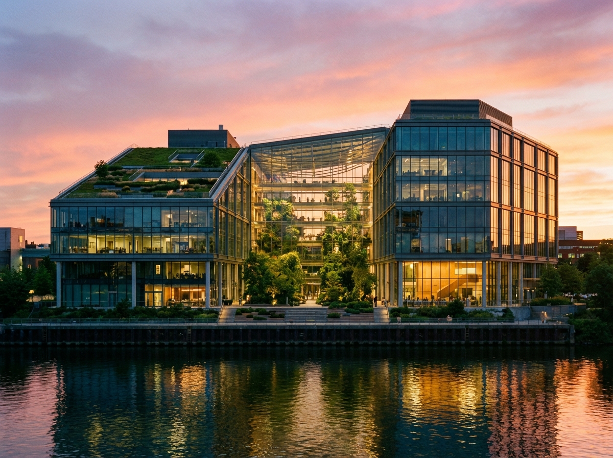 Modern architectural design of a tech company headquarters at sunset, glass and steel structure, lush greenery, professional photography, warm lighting, 4:3, no text