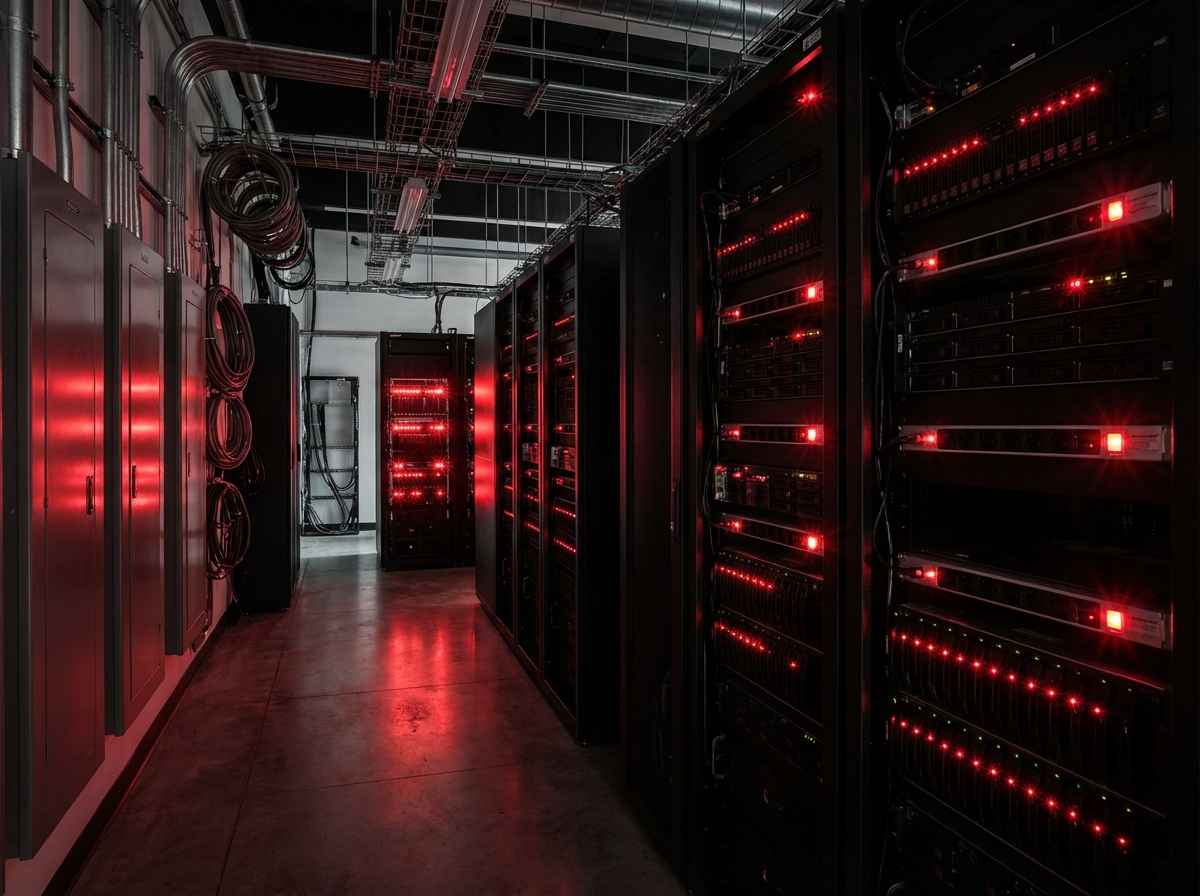 Dark server room with glowing red warning lights on server racks, high contrast, professional photography, 4:3 aspect ratio, no text