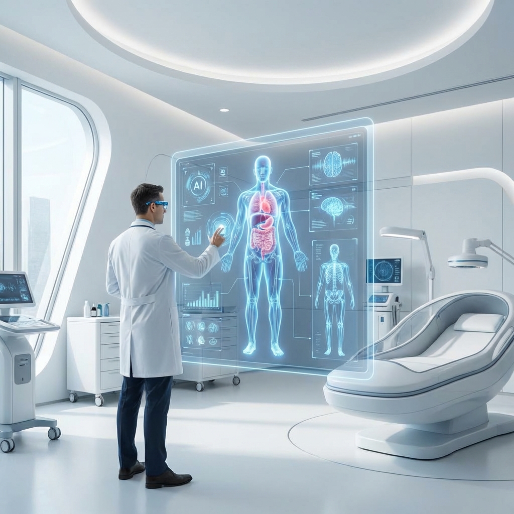 A futuristic medical office where a doctor is looking at a high-tech holographic display showing anatomical data and AI analysis, bright and clean environment, modern hospital interior, professional atmosphere, 1:1 aspect ratio, no text.