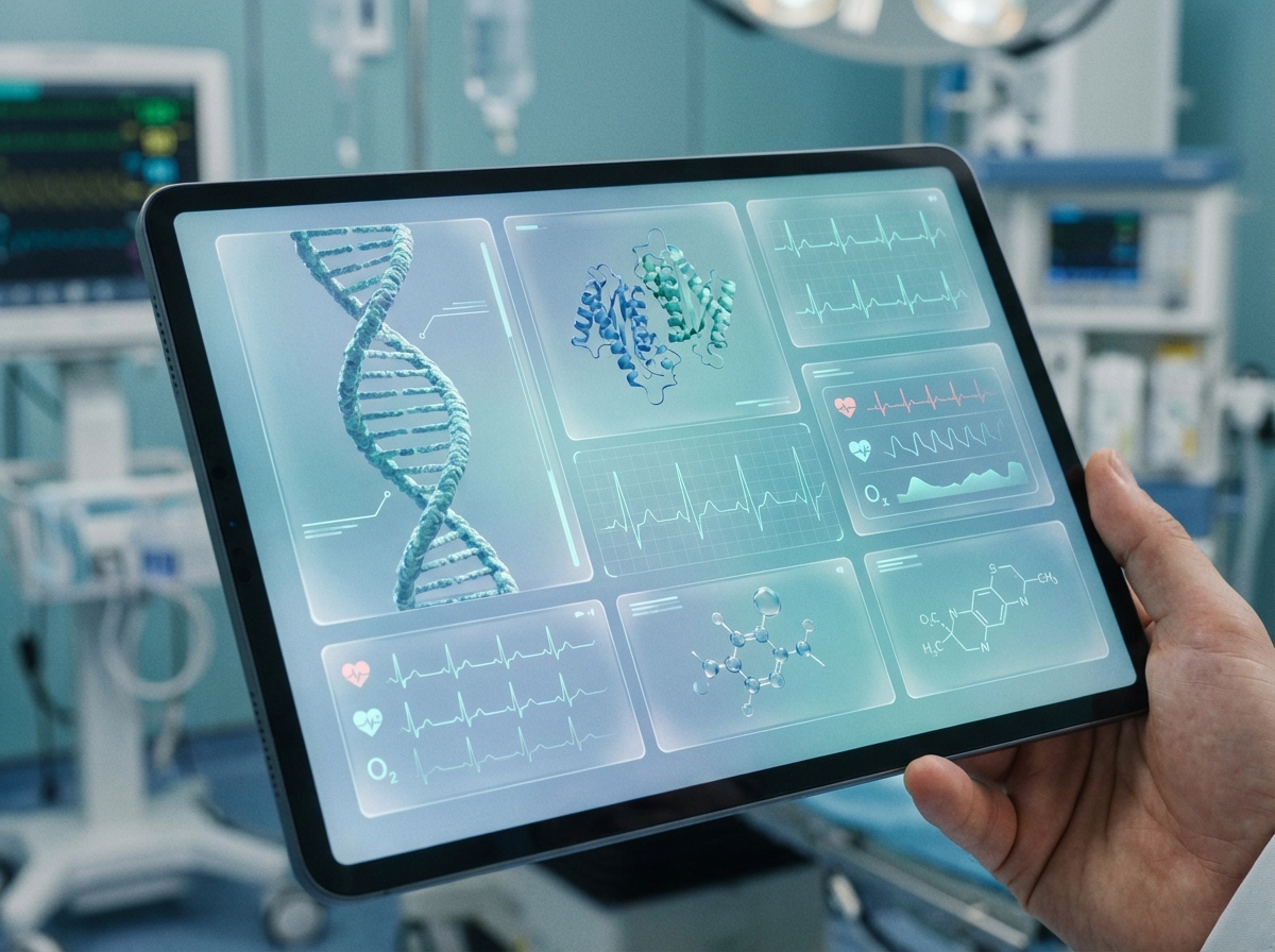Close-up of a tablet screen displaying complex medical charts, DNA structures, and patient health metrics with a clean and modern user interface, soft blue and teal color palette, professional medical setting, 4:3 aspect ratio, no text.