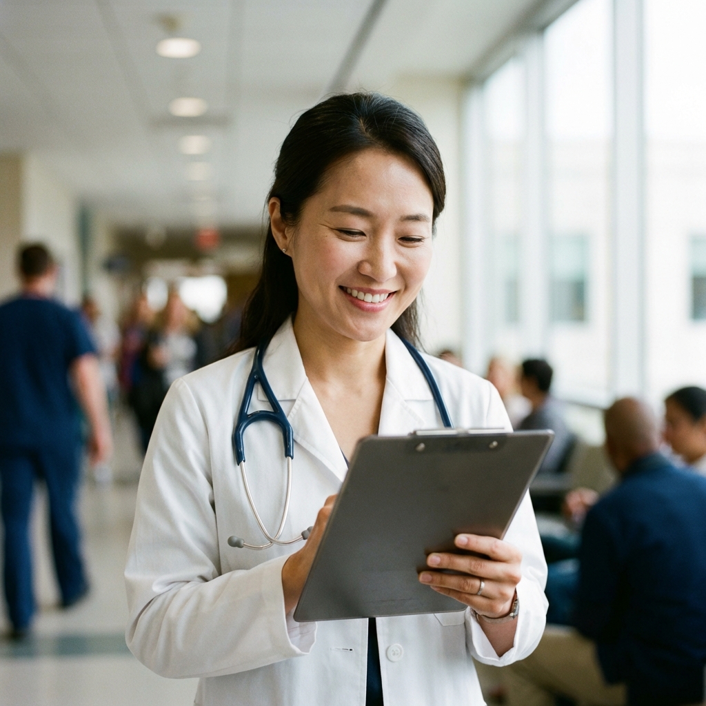 A Korean doctor wearing a white coat and a stethoscope around the neck, looking at a digital clipboard with a friendly and trustworthy expression, blurred hospital background, natural lighting, lifestyle photography style, 1:1 aspect ratio, no text.