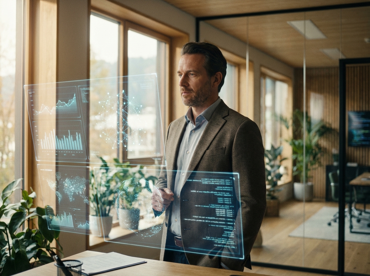 A professional man in a modern high-tech office environment, looking thoughtful and looking at digital screens with data patterns. Soft natural lighting, warm atmosphere, cinematic composition, no text, 4:3 aspect ratio.