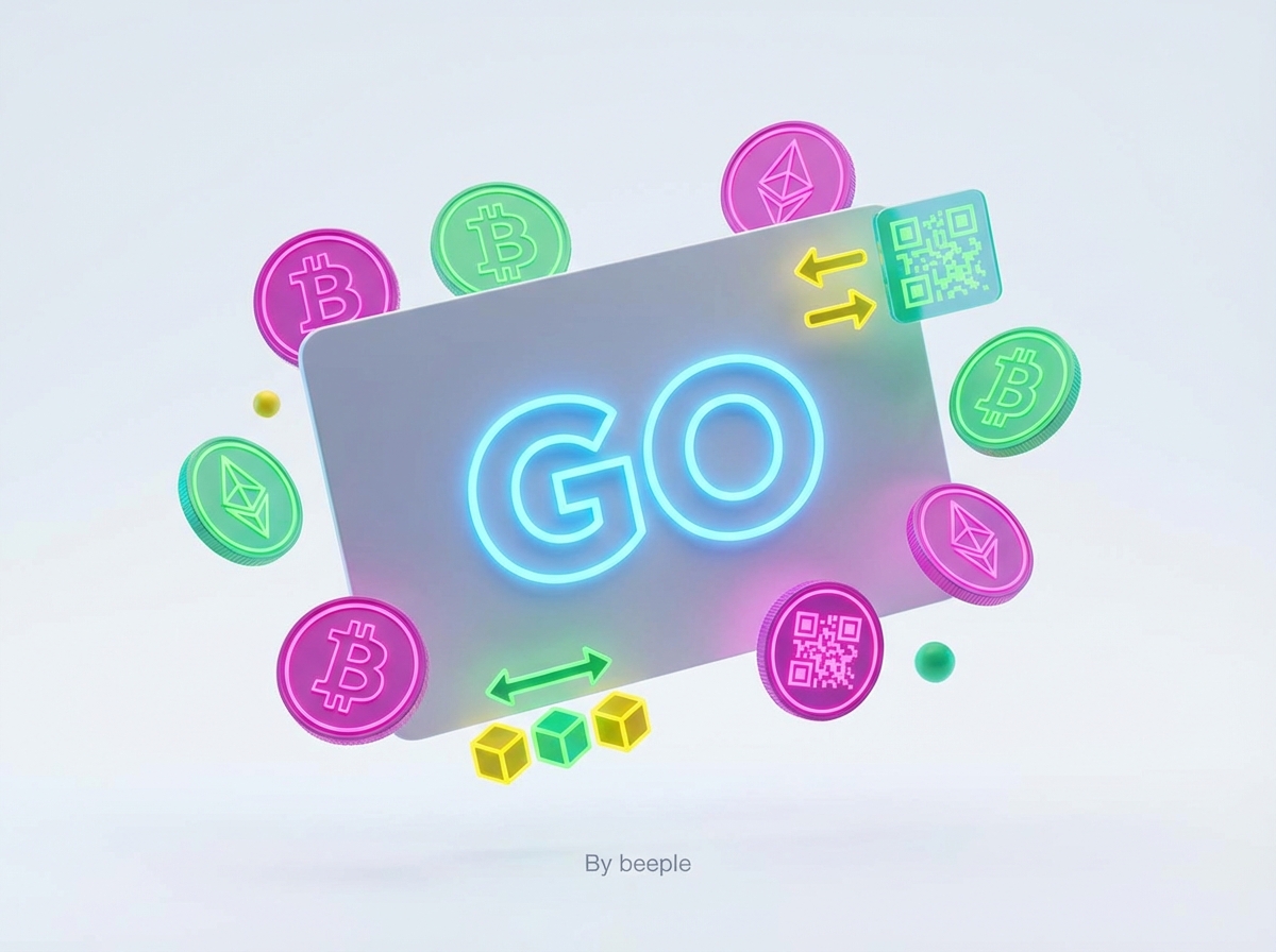 A digital concept of a membership card with a 'Go' label, glowing with neon blue light. Surrounded by floating coins and digital transaction icons, vibrant colors, minimalist 3D render, 4:3 aspect ratio.