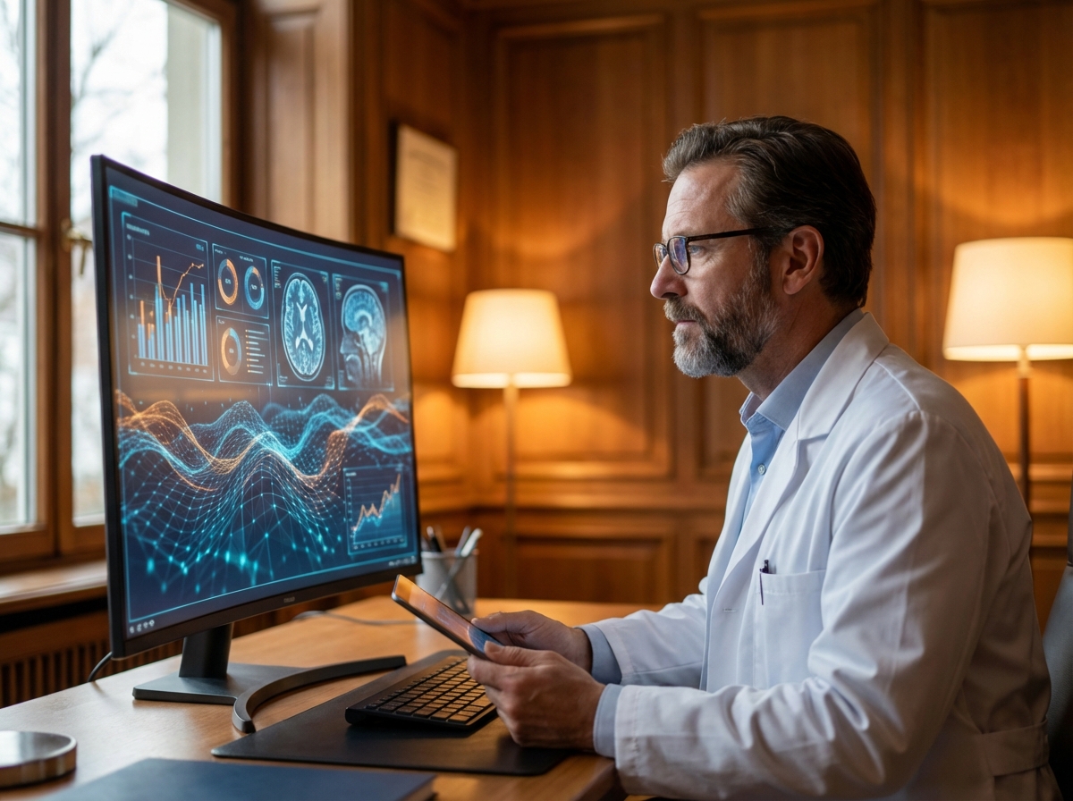A professional doctor in a white coat looking at a large digital screen displaying complex medical data and AI analysis patterns, warm indoor lighting, high quality lifestyle photography, 4:3 aspect ratio, no text
