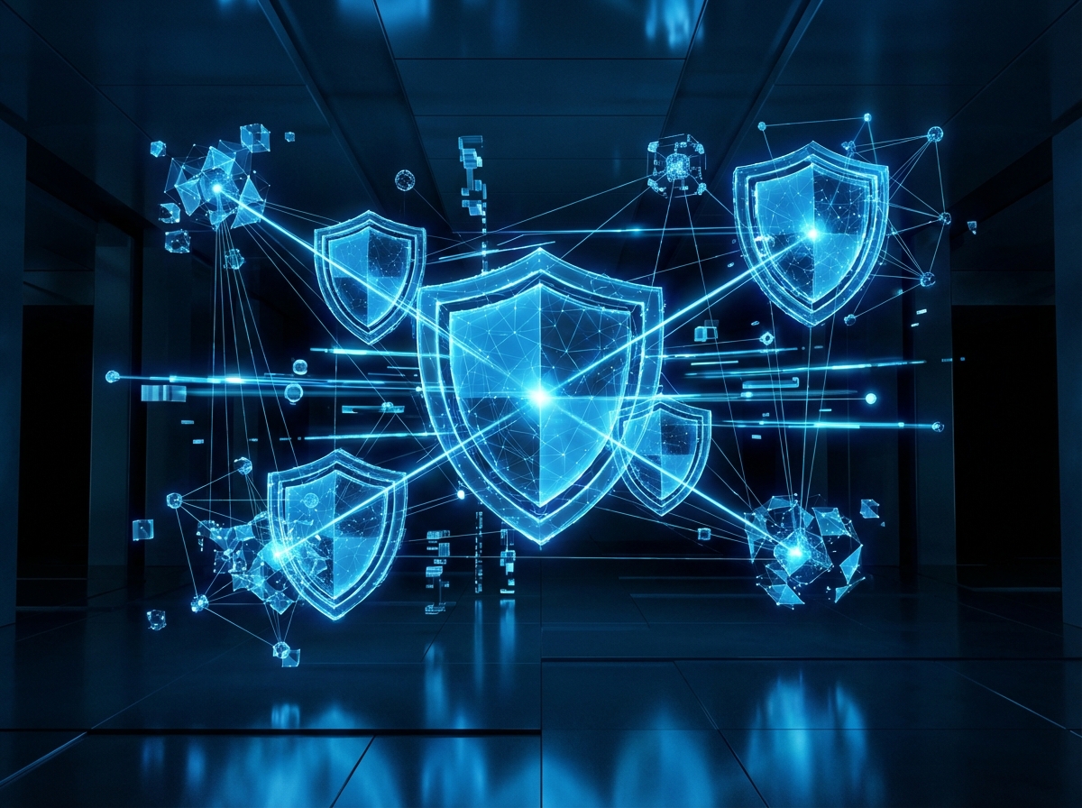 Abstract digital representation of data security, glowing blue shields and interconnected data points, professional and sophisticated atmosphere, 4:3 aspect ratio, no text