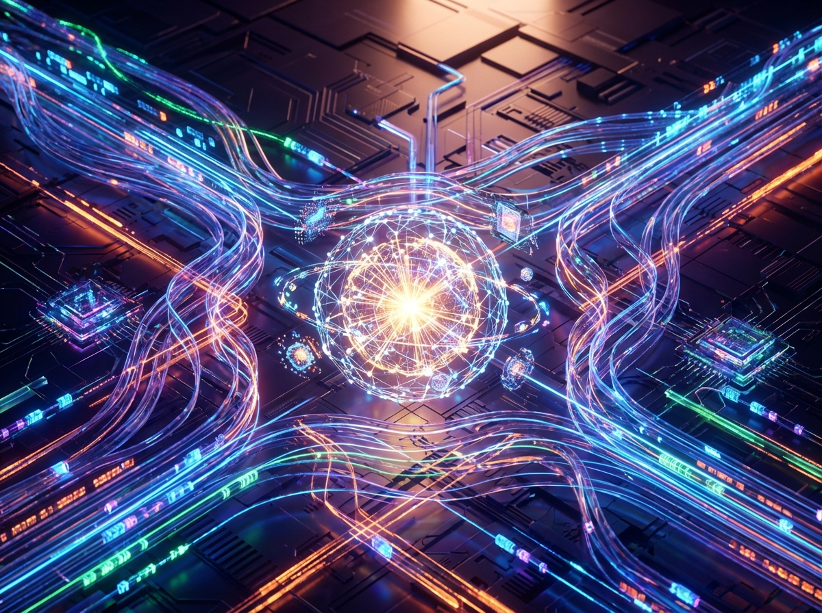 Digital art representing high speed data processing and AI intelligence, glowing neural networks, vibrant colors, detailed composition, cinematic lighting, aspect ratio 4:3, no text