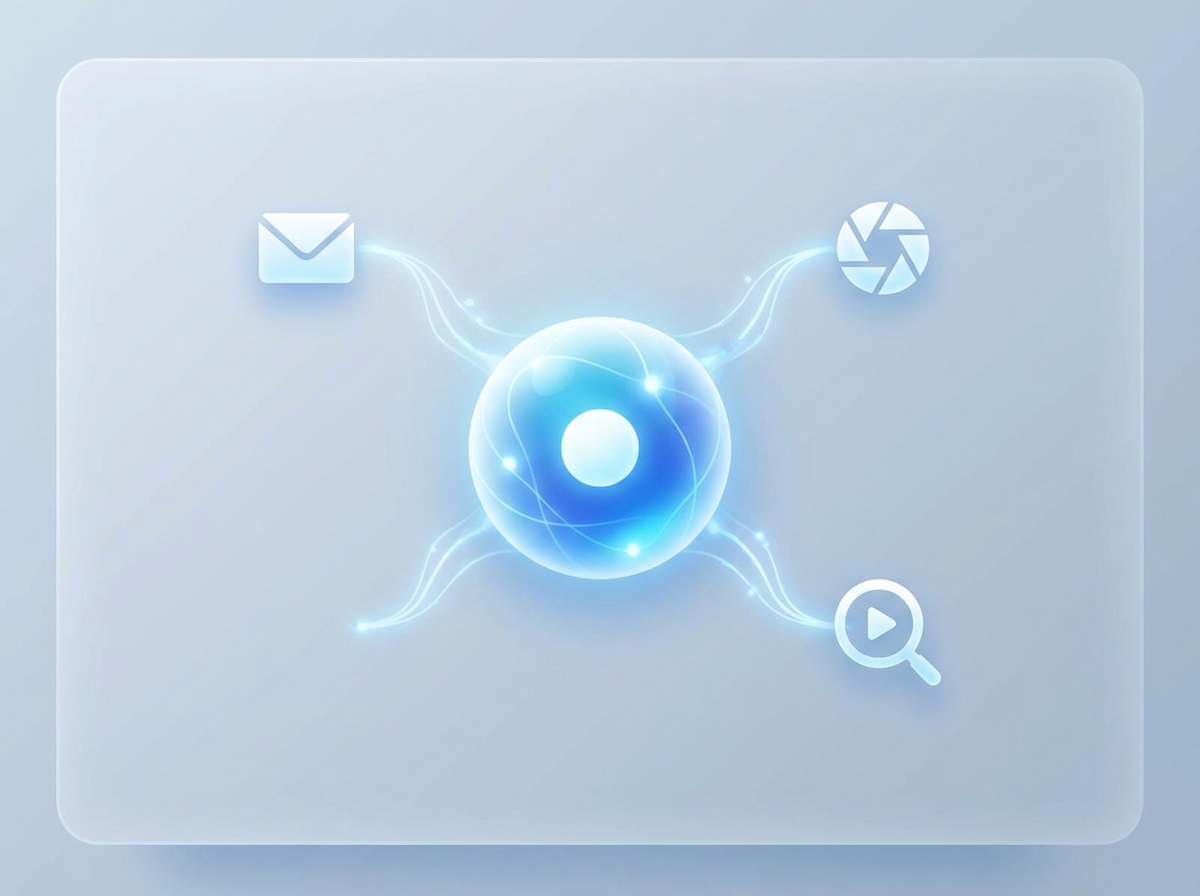 A futuristic digital personal assistant interface showing a glowing AI orb connecting with icons for email, photos, and video search. Clean minimalist aesthetic, soft blue and white lighting, 4:3 aspect ratio, high quality, no text.