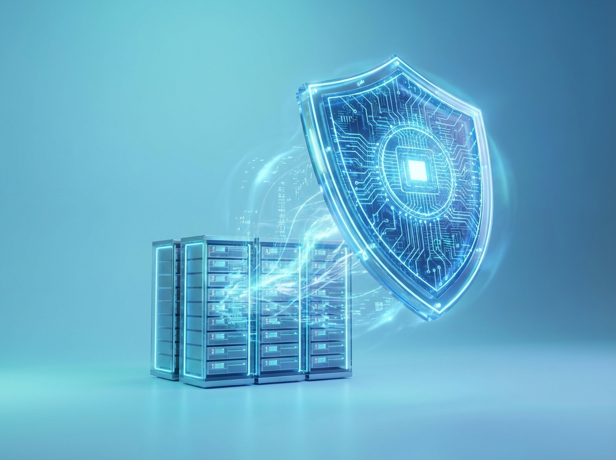 A digital shield icon glowing over a database, representing data privacy and security, high-tech aesthetic, soft blue lighting, 4:3, no text