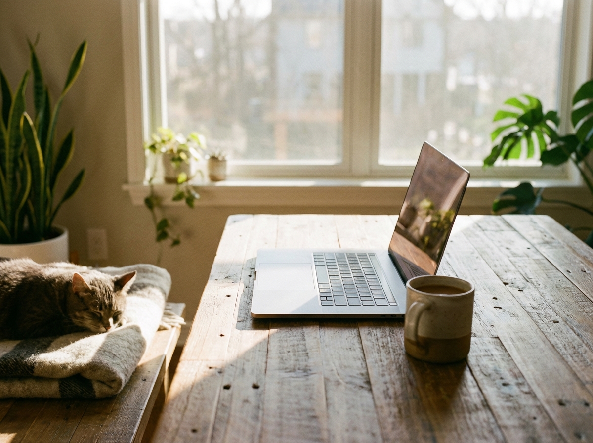 A serene morning scene with a laptop and coffee on a wooden table, sunlight streaming in, minimalist tech lifestyle photography, 4:3, no text