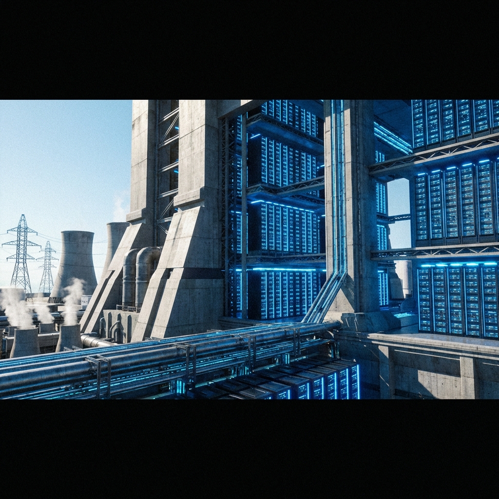 A futuristic cinematic wide shot of a massive modern data center integrated with a large power plant complex, glowing blue light from servers, industrial architecture, high contrast, clean sky, 1:1 aspect ratio, no text