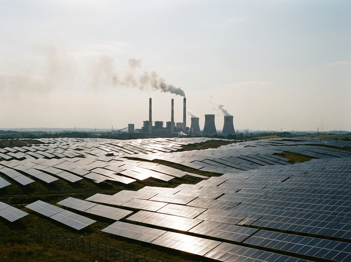 A wide landscape showing a vast solar panel farm in the foreground and a traditional coal power plant with chimneys in the far distance, symbolic contrast of energy eras, 4:3 aspect ratio, no text