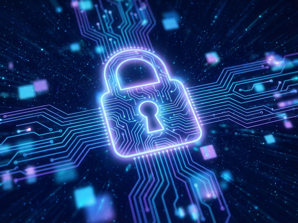 An abstract representation of digital privacy, glowing lock icon with circuit patterns, futuristic and safe atmosphere, dark blue background, 4:3, no text