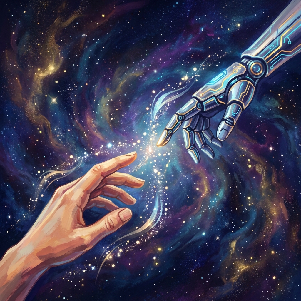 Artistic illustration of a human hand and a robotic hand reaching towards each other, glowing particles, cosmic background, symbolic of AGI benefiting humanity, 1:1, no text