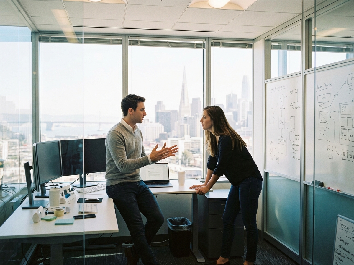 Two young professional tech founders having a serious but passionate discussion in a modern San Francisco office space with glass walls and tech equipment, natural lighting, 4:3 aspect ratio, no visible text