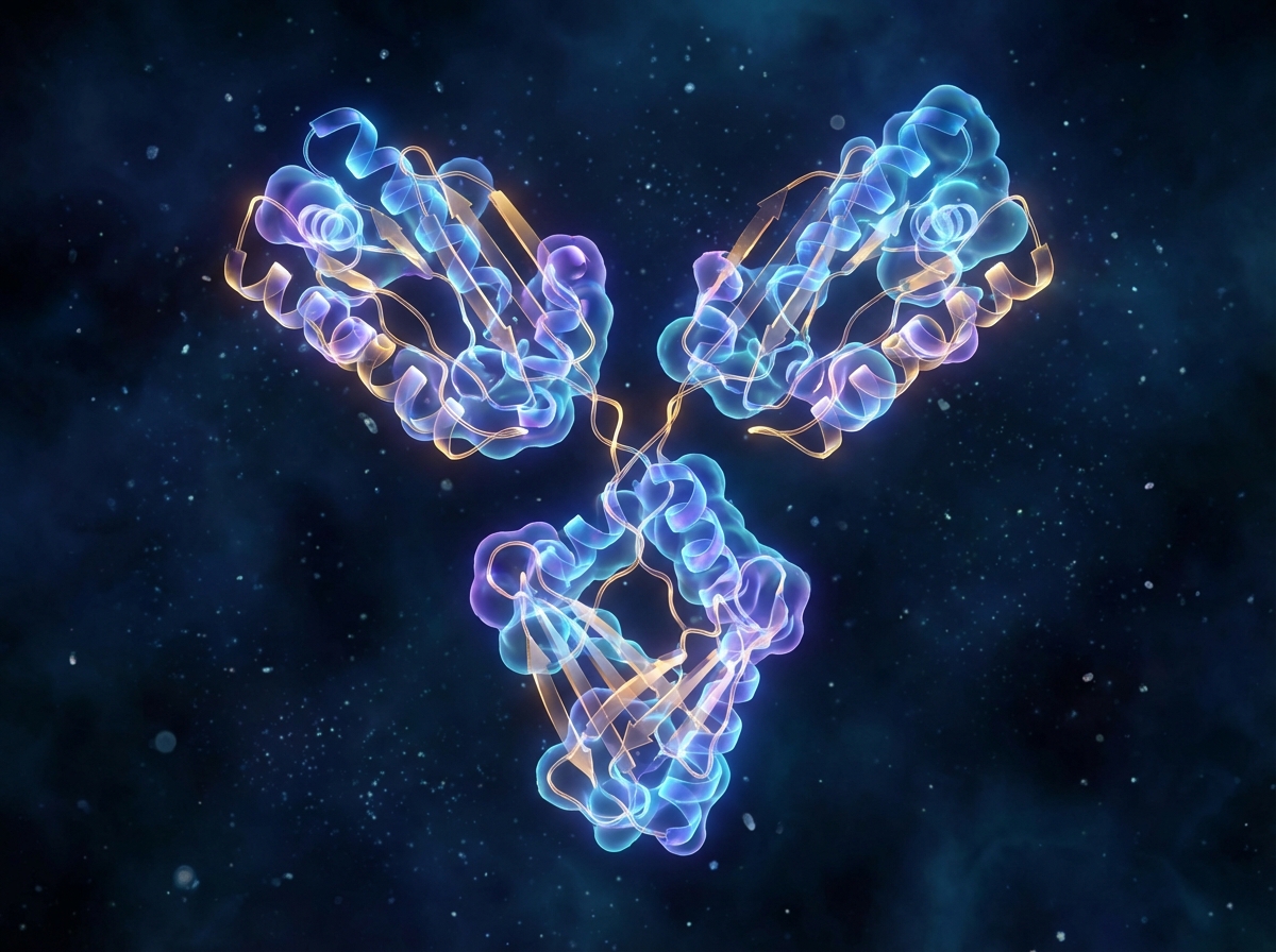 Close-up artistic rendering of a complex antibody protein molecule, glowing nodes and connections, deep blue background with floating particles, scientific illustration style, 4:3 aspect ratio, no visible text