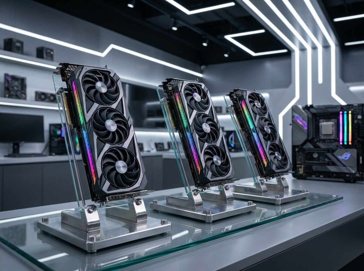 Professional display of high-end graphics cards with triple fans and RGB lighting, sleek design, tech store interior background, 4:3 aspect ratio, no visible text